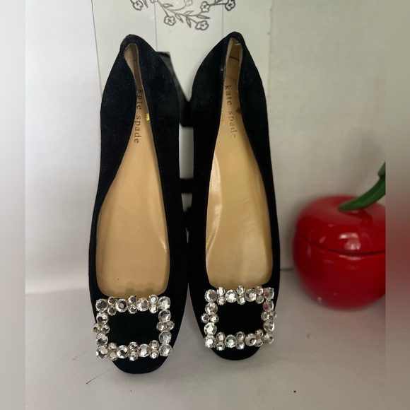 KATE SPADE made Italy Black Suede Leather crystal  buckle Shoes 7B - Picture 1 of 10